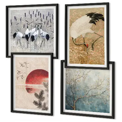 Japanese cranes landscape wall art set of 4 pieces