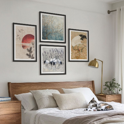 Set of 4 wall art pieces Japanese cranes landscape