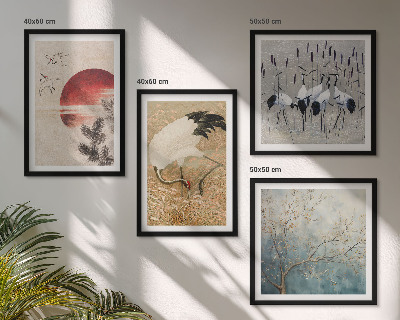 Set of 4 wall art pieces Japanese cranes landscape