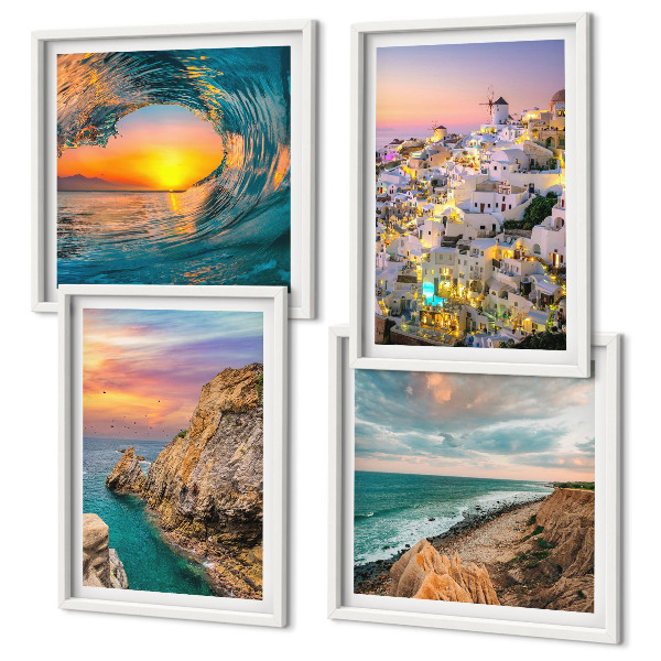 Wall art set Sea waves white houses Santorini