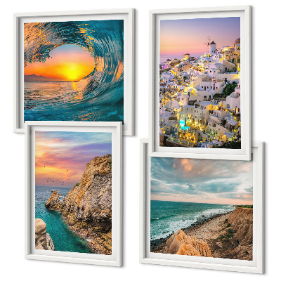 Wall art set Sea waves white houses Santorini