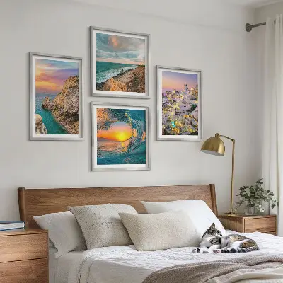 Sea waves and white houses in Santorini wall art set set of wall art prints