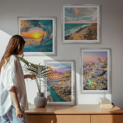 Wall art set Sea waves white houses Santorini