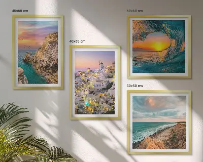 Sea waves and white houses in Santorini wall art set set of wall art prints