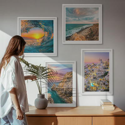 Wall art set Sea waves white houses Santorini