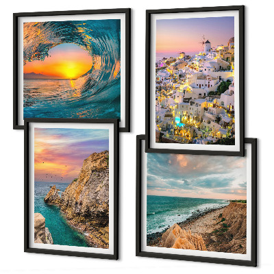 Wall art set Sea waves white houses Santorini
