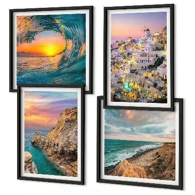 Sea waves and white houses in Santorini wall art set set of wall art prints