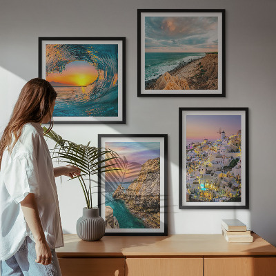 Wall art set Sea waves white houses Santorini