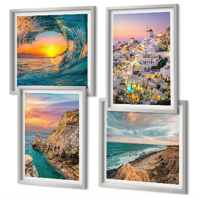 Wall art set Sea waves white houses Santorini