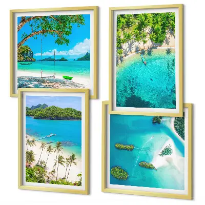 Set of four beach themed wall art pieces featuring palm trees and crystal water
