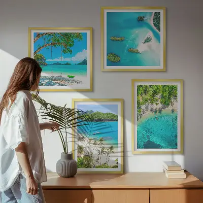 Set of four beach themed wall art pieces featuring palm trees and crystal water