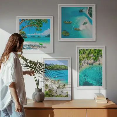 Set of four beach themed wall art pieces featuring palm trees and crystal water