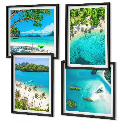 Set of four beach themed wall art pieces featuring palm trees and crystal water