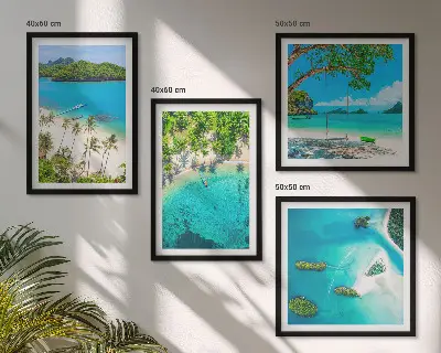 Set of four beach themed wall art pieces featuring palm trees and crystal water