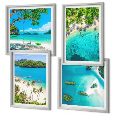 Set of four beach themed wall art pieces featuring palm trees and crystal water