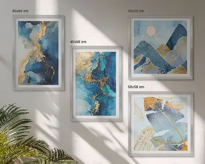 Multi-piece wall decor set with blue mountains and gold patterns