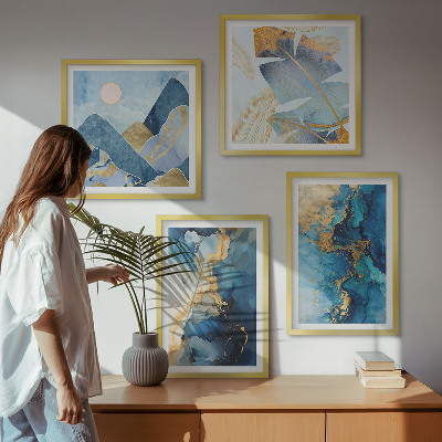 Multi-piece wall decor set Blue mountains gold patterns