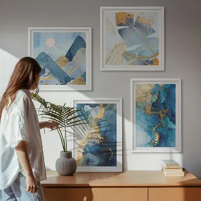 Multi-piece wall decor set with blue mountains and gold patterns