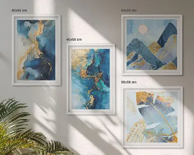 Multi-piece wall decor set with blue mountains and gold patterns