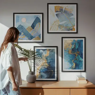 Multi-piece wall decor set with blue mountains and gold patterns