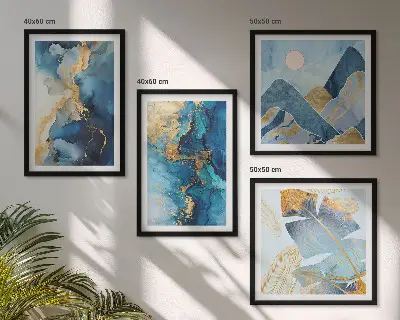 Multi-piece wall decor set with blue mountains and gold patterns