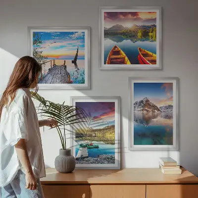 Wall art set lakes, mountains, and landscape with a boat