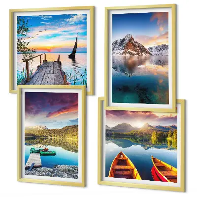 Wall art set lakes, mountains, and landscape with a boat