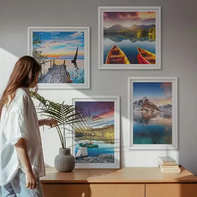 Wall art set lakes, mountains, and landscape with a boat