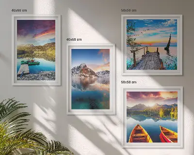 Wall art set lakes, mountains, and landscape with a boat