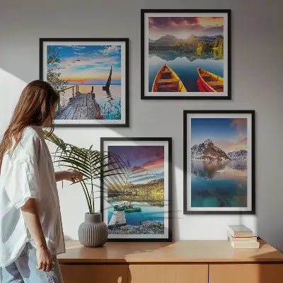 Wall art set lakes, mountains, and landscape with a boat
