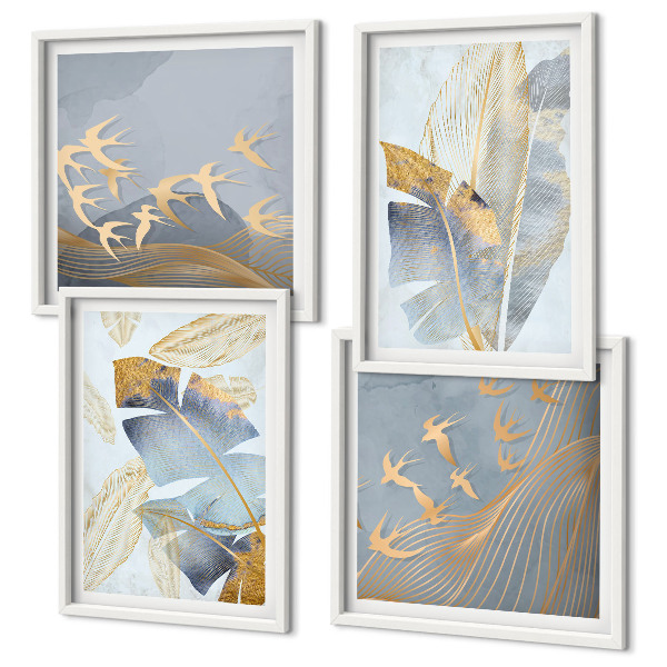 Set of 4 wall art pieces Blue-beige leaves on the background