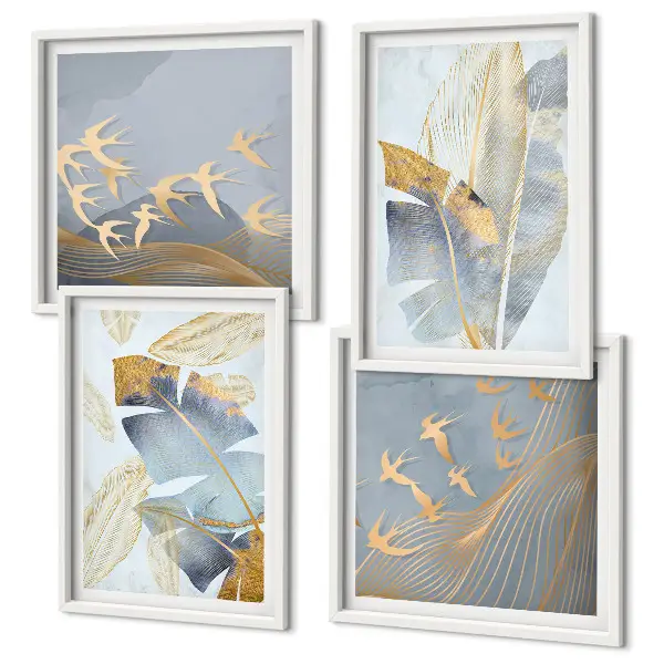 Set of 4 wall art pieces featuring blue and beige leaves on the background