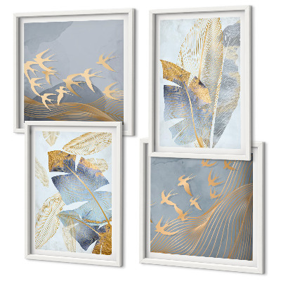 Set of 4 wall art pieces Blue-beige leaves on the background
