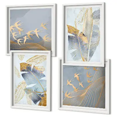Set of 4 wall art pieces featuring blue and beige leaves on the background