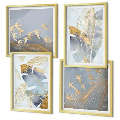 Set of 4 wall art pieces featuring blue and beige leaves on the background