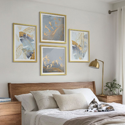 Set of 4 wall art pieces Blue-beige leaves on the background