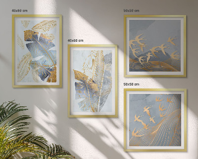Set of 4 wall art pieces Blue-beige leaves on the background