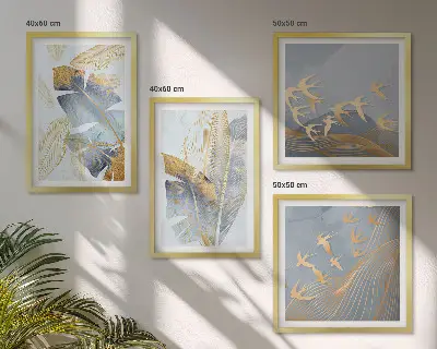 Set of 4 wall art pieces featuring blue and beige leaves on the background