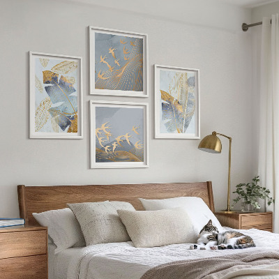 Set of 4 wall art pieces Blue-beige leaves on the background
