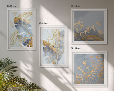 Set of 4 wall art pieces Blue-beige leaves on the background