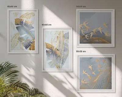 Set of 4 wall art pieces featuring blue and beige leaves on the background