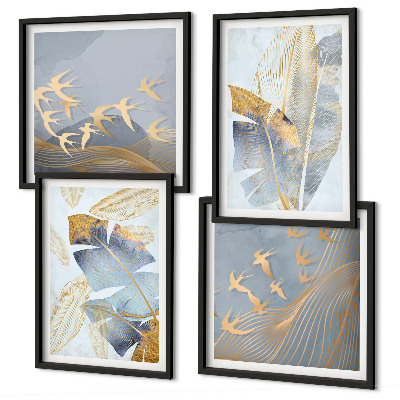 Set of 4 wall art pieces Blue-beige leaves on the background