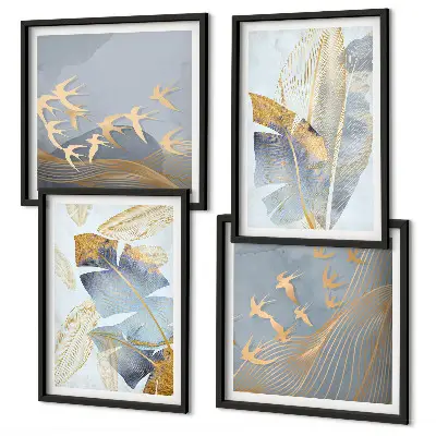 Set of 4 wall art pieces featuring blue and beige leaves on the background
