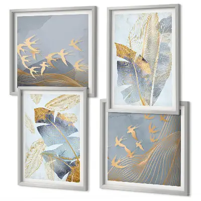 Set of 4 wall art pieces featuring blue and beige leaves on the background