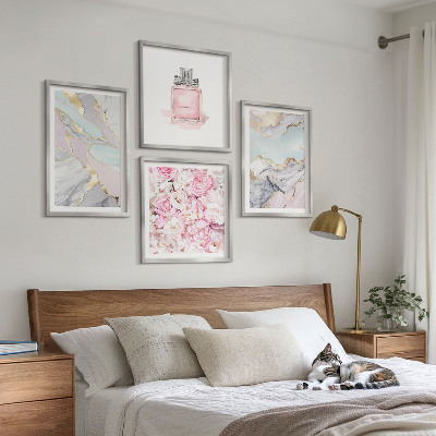 Wall art set Pink flowers marble pastel