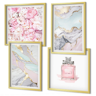 Wall art set Pink flowers marble pastel