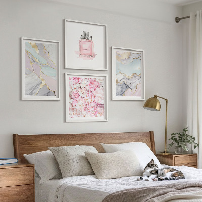 Wall art set Pink flowers marble pastel