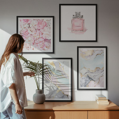 Wall art set Pink flowers marble pastel