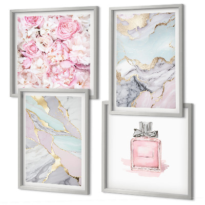 Wall art set Pink flowers marble pastel
