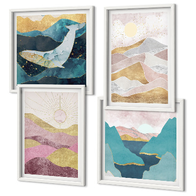 Set of 4 wall art pieces Abstract mountains sun